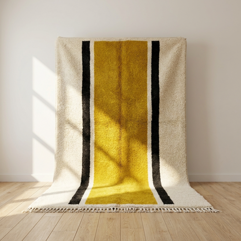Authentic Moroccan Rug – High Pile Shaggy Wool Area Rug with Modern Mustard Stripe Pattern for Boho Living Room Decor