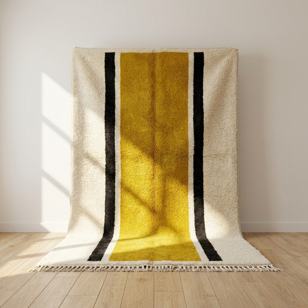 Authentic Moroccan Rug – High Pile Shaggy Wool Area Rug with Modern Mustard Stripe Pattern for Boho Living Room Decor