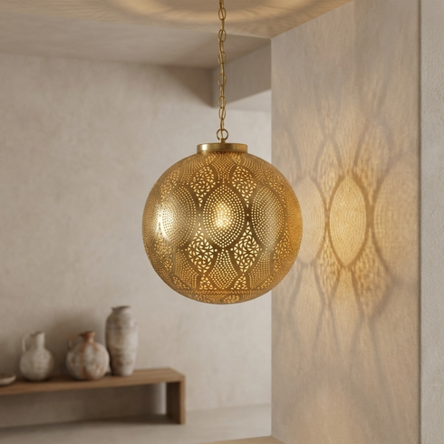 Moroccan Pendant Light – Globe Geometric Brass Lamp
