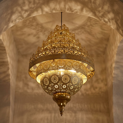 Authentic Handmade Moroccan Lamp – 100% Solid Brass Chandelier for Elegant Living Room Decor