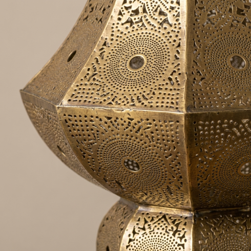 Authentic Handmade Moroccan Lamp – Gold Brass Pendant Light with Intricate Filigree Shadow Casting for Living Room Decor