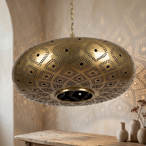 Brass Pendant Light – Moroccan Filigree Openwork Living Room