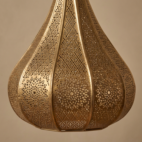 Authentic Moroccan Teardrop Hanging Lamp – Gold Brass Pendant Light with Artistic Shadow Casting Pattern
