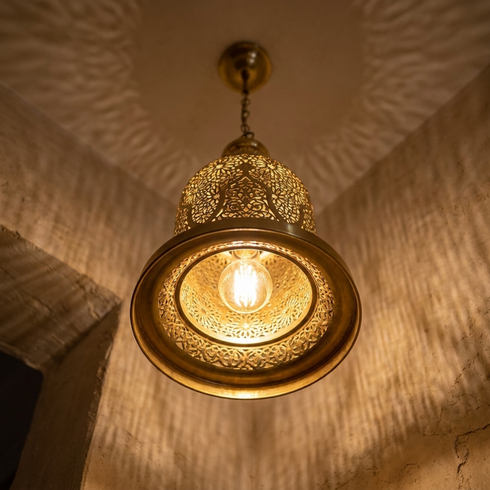 Authentic Handmade Moroccan Lamp – Gold Brass Pendant Light with Intricate Filigree Openwork Design for Living Room Decor