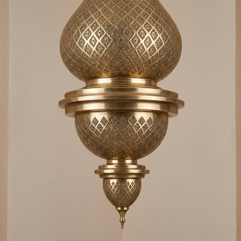 Authentic Teardrop Moroccan Hanging Lamp – Gold Brass Pendant Light with Intricate Filigree Shadow Casting for Living Room Decor