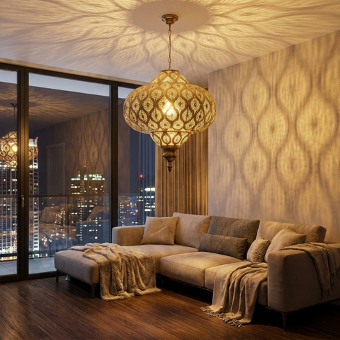 Authentic Handmade Moroccan Lamp – Oxidized Brass Pendant Light with Intricate Filigree Design for Living Room Decor