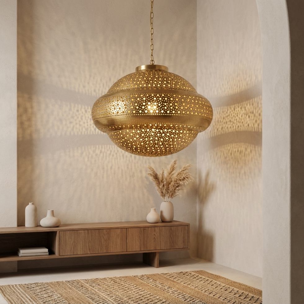 Moroccan Pendant Light – Filigree Brass Shadow-Casting Lamp