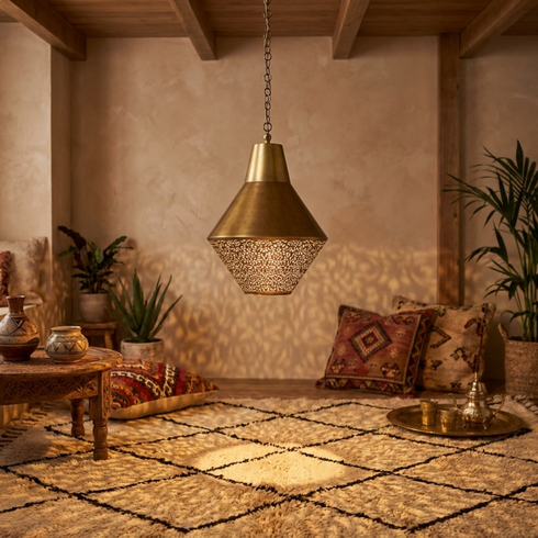 Handmade Moroccan Brass Lamp – Gold Pendant Light with Geometric Filigree Design for Kitchen Island Lighting