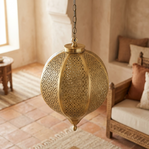 Authentic Handmade Moroccan Hanging Lamp – Gold Brass Teardrop Pendant Light for Boho Kitchen Island Decor