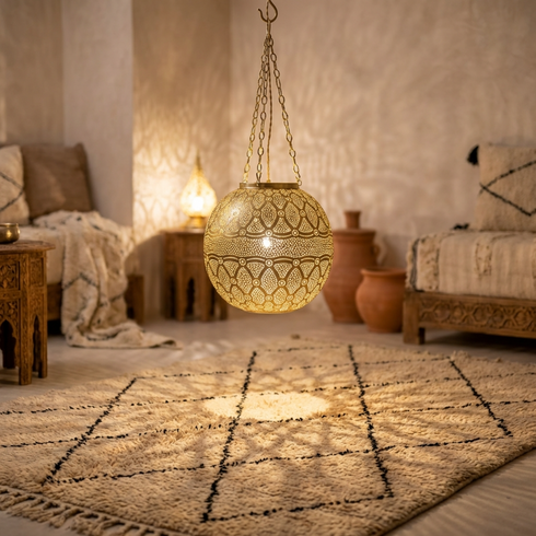 Handmade Moroccan Lamp - Gold Brass Pendant - Boho Bedroom Mood Lighting