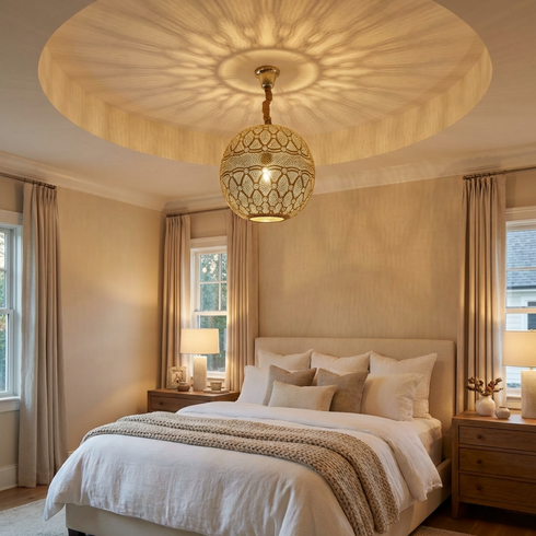 Handmade Moroccan Lamp - Gold Brass Pendant - Boho Bedroom Mood Lighting