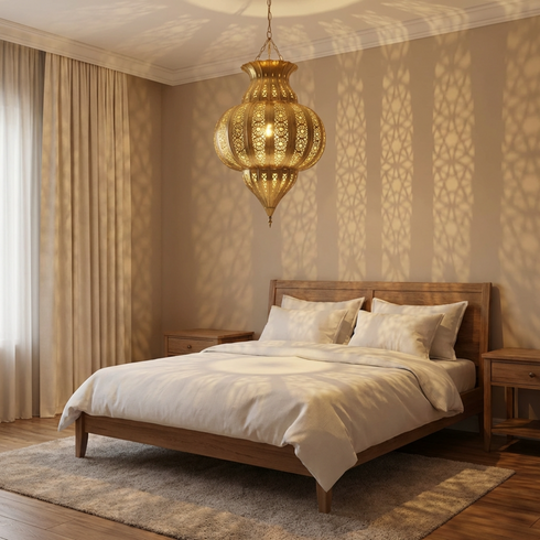 Handmade Moroccan Lamp - Gold Brass Pendant - Boho Entryway Lantern