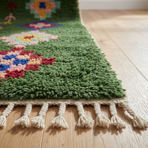 Handmade Green Rug - Colorful Geometric Carpet