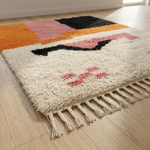 Authentic Moroccan Rug – High Pile Plush Wool Area Rug with Modern Abstract Pattern for Boho Living Room Decor