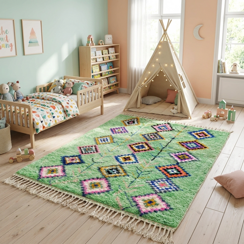 Handmade Azilal Moroccan Rug – Vibrant Shaggy Wool Rug with Sage Green Tribal Diamond Design