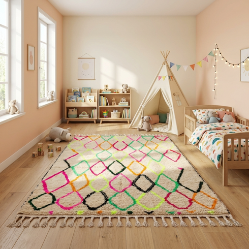 Authentic Handmade Azilal Rug – Plush Shaggy Wool Moroccan Rug with Vibrant Neon Geometric Patterns