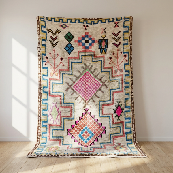 Authentic Handmade Azilal Rug – Natural Wool Moroccan Rug with Vibrant Tribal Geometric Design