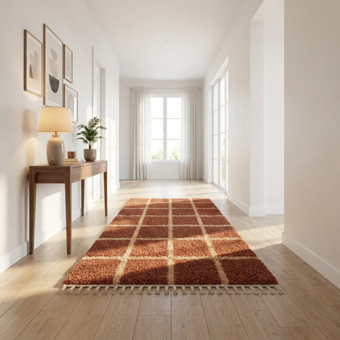 Beni Ourain Rug – Terracotta Plush Geometric Wool Rug