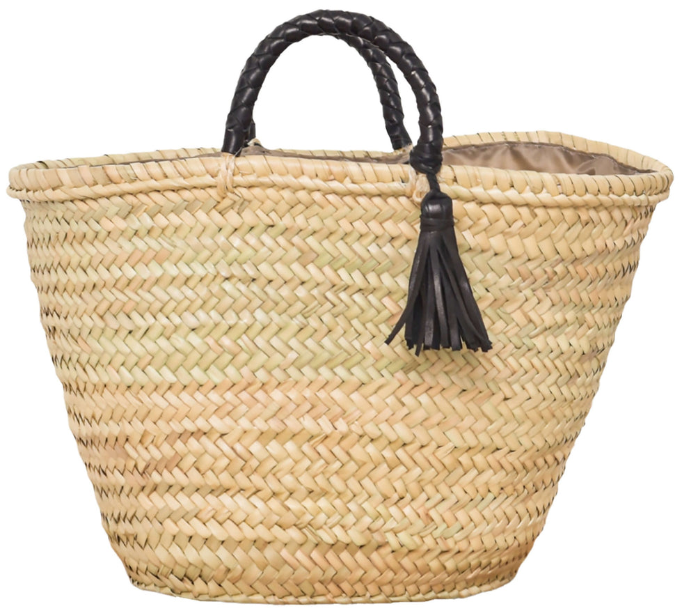 Straw Beach Basket – Moroccan Bag, Black Braided Handles