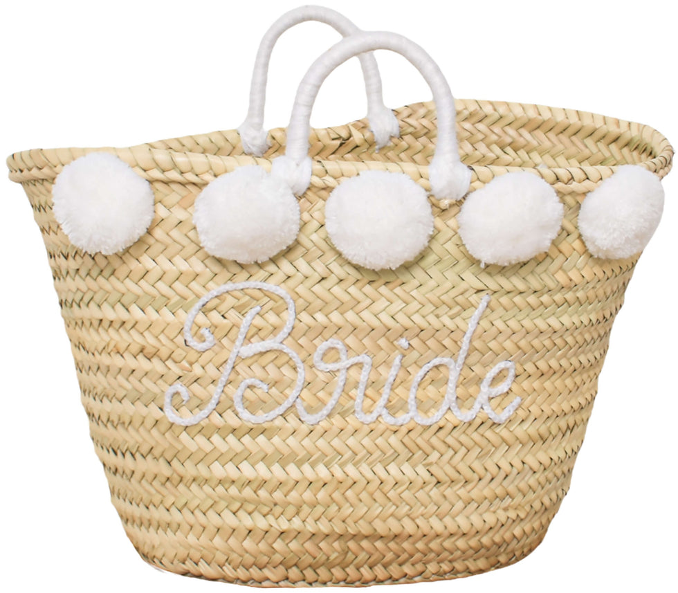 Personalized Bride Straw Beach Bag – Pom-Pom Basket Tote