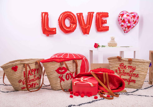 Large Valentine's Day Straw Tote Bag