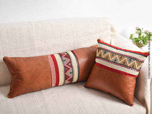 Leather Covers | Handmade Moroccan Pillows | Set Of 3 | Dark Tan