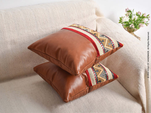 Leather Covers | Handmade Moroccan Pillows | Set Of 3 | Dark Tan
