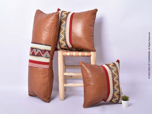 Leather Covers | Handmade Moroccan Pillows | Set Of 3 | Dark Tan