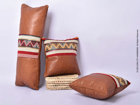 Leather Covers | Handmade Moroccan Pillows | Set Of 3 | Dark Tan
