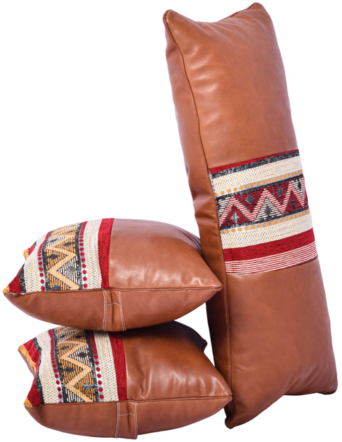 Leather Covers | Handmade Moroccan Pillows | Set Of 3 | Dark Tan