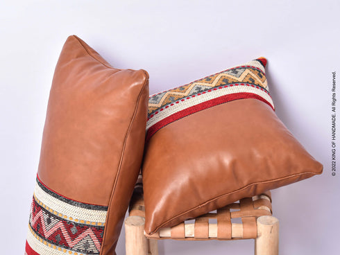 Leather Covers | Handmade Moroccan Pillows | Set Of 3 | Dark Tan