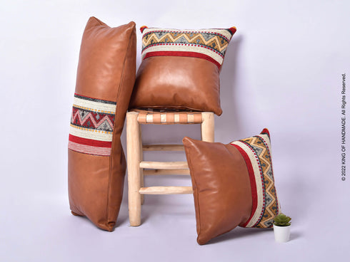 Leather Covers | Handmade Moroccan Pillows | Set Of 3 | Dark Tan