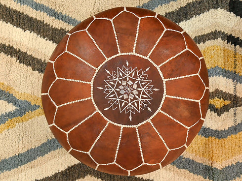 Moroccan Dark Brown Leather Ottoman - Comfortable Pouf
