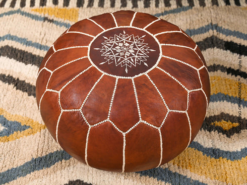 Moroccan Dark Brown Leather Ottoman - Comfortable Pouf