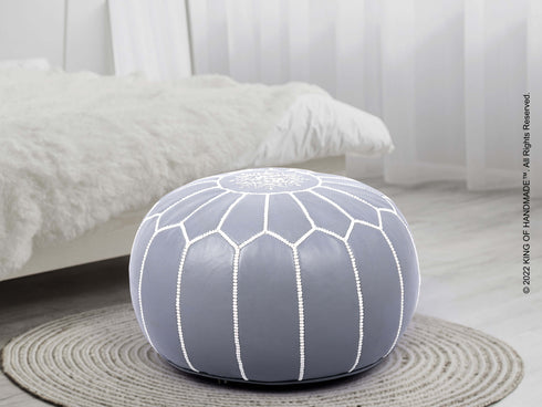 Moroccan Gray Ottoman Leather Pouf - Bohemian Decor