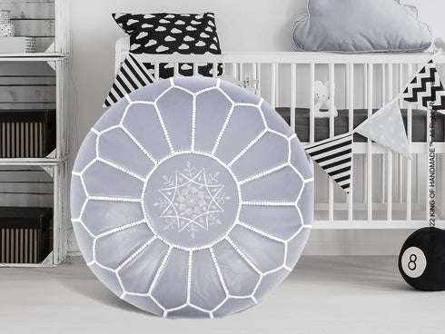 Moroccan Gray Ottoman Leather Pouf - Bohemian Decor