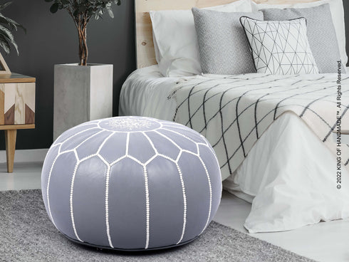 Moroccan Gray Ottoman Leather Pouf - Bohemian Decor