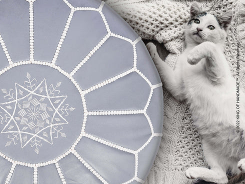 Moroccan Gray Ottoman Leather Pouf - Bohemian Decor