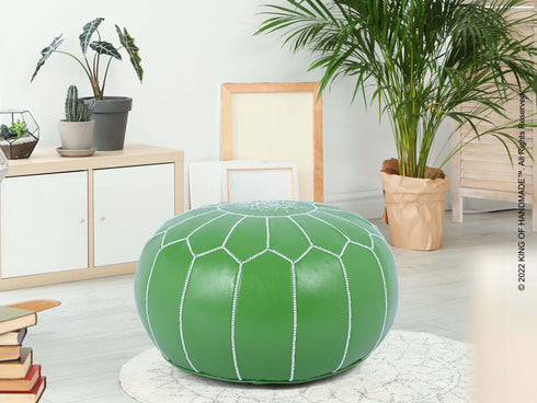 Moroccan Green Ottoman Leather Pouf - Chic Footstool