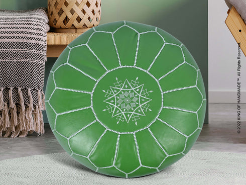 Moroccan Green Ottoman Leather Pouf - Chic Footstool