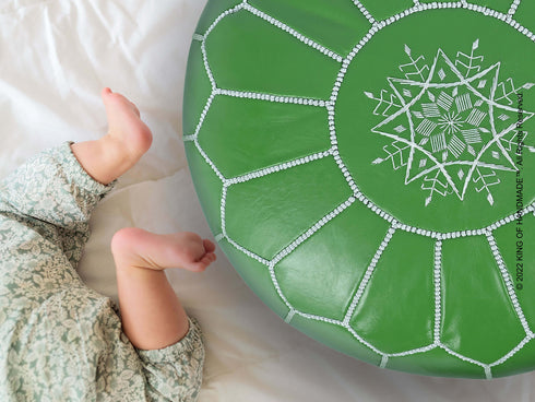 Moroccan Green Ottoman Leather Pouf - Chic Footstool