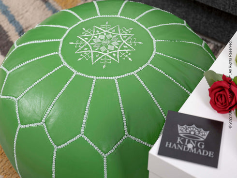 Moroccan Green Ottoman Leather Pouf - Chic Footstool