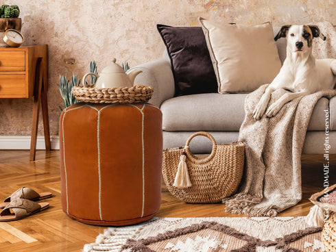 Genuine Leather Pouf Unstuffed - Moroccan Ottoman Footstool, Footrest Cover Boho Decor Bohemian Living Room, Bedroom, Kids Gift & Wedding Room Hand Stitched by Artisans Used As Hassock pouf ottoman hassock  hassocks and ottomans leather pouf hassock furniture pouf ottoman moroccan pouf pouf ottoman leather ottoman