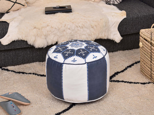 Round Moroccan Pouf - Genuine Leather Ottoman