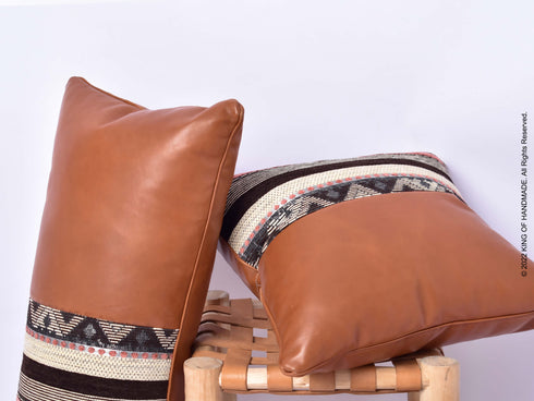 Handmade Moroccan Pillows | Leather Covers | Set Of 3 | Dark Tan