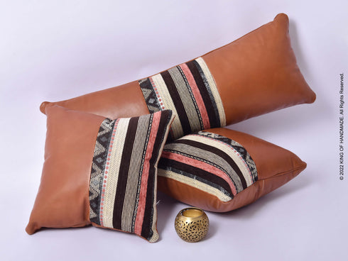 Handmade Moroccan Pillows | Leather Covers | Set Of 3 | Dark Tan