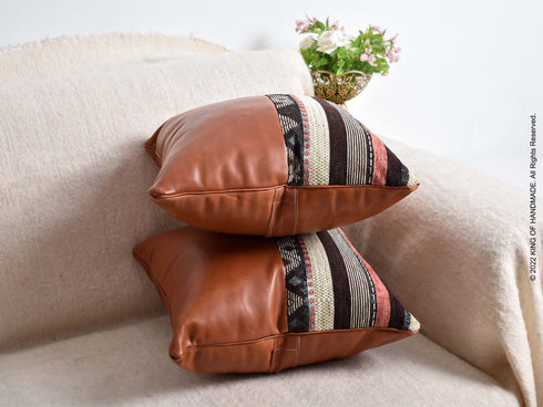 Handmade Moroccan Pillows | Leather Covers | Set Of 3 | Dark Tan