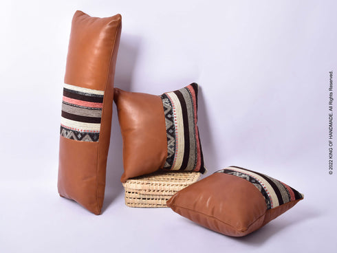 Handmade Moroccan Pillows | Leather Covers | Set Of 3 | Dark Tan