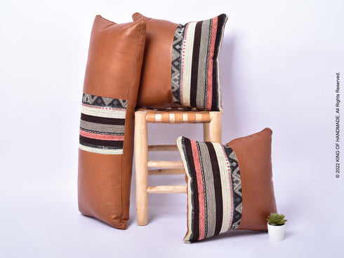 Handmade Moroccan Pillows | Leather Covers | Set Of 3 | Dark Tan