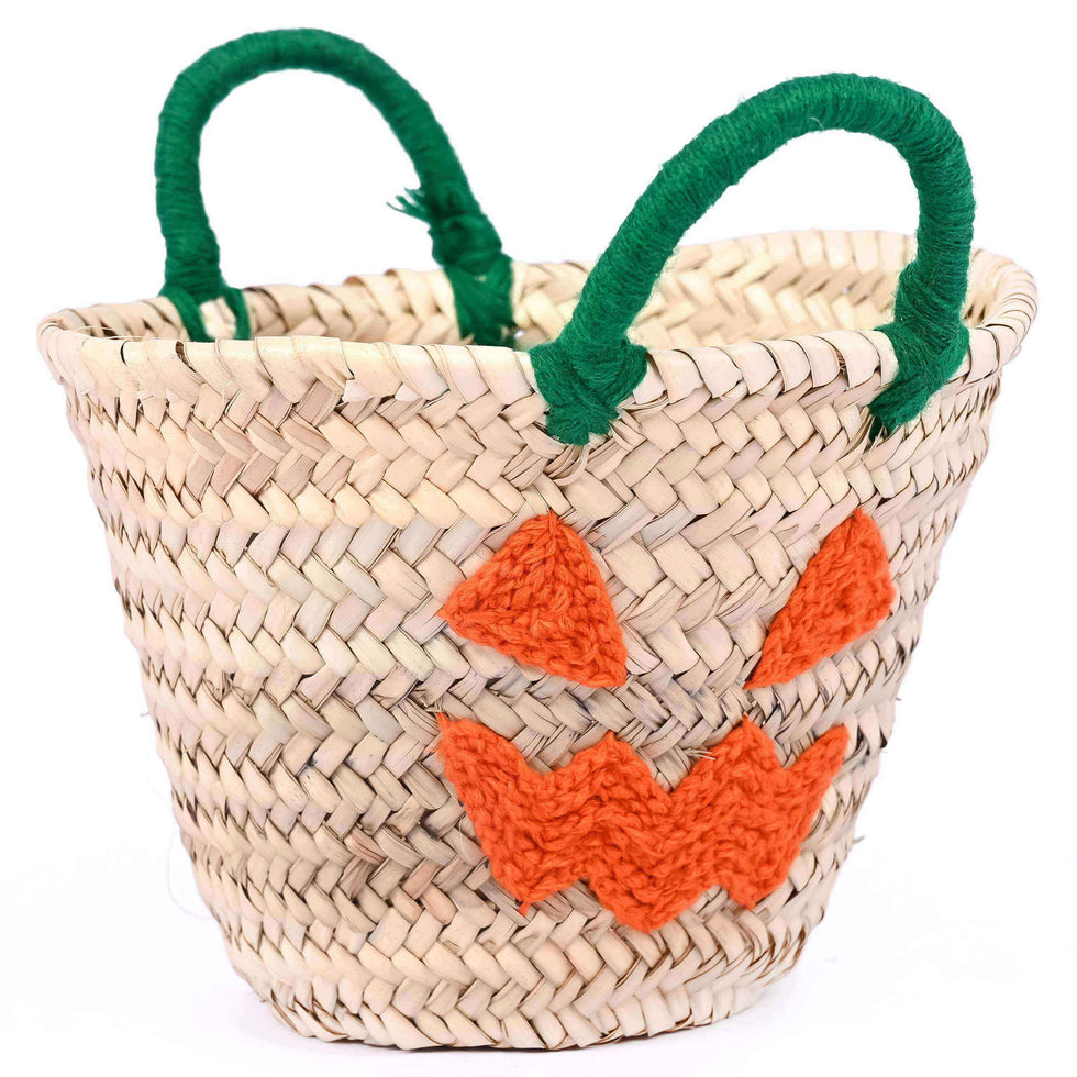 Personalized Pumpkin Face Straw Basket – Green